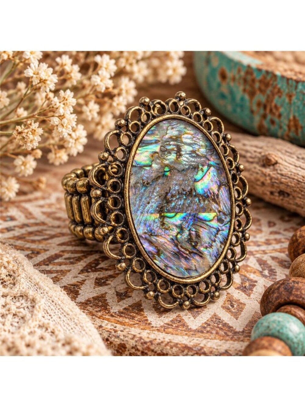 Abalone Shell Statement Ring Gold Tone Filigree Expandable Stretch 42mm Vintage